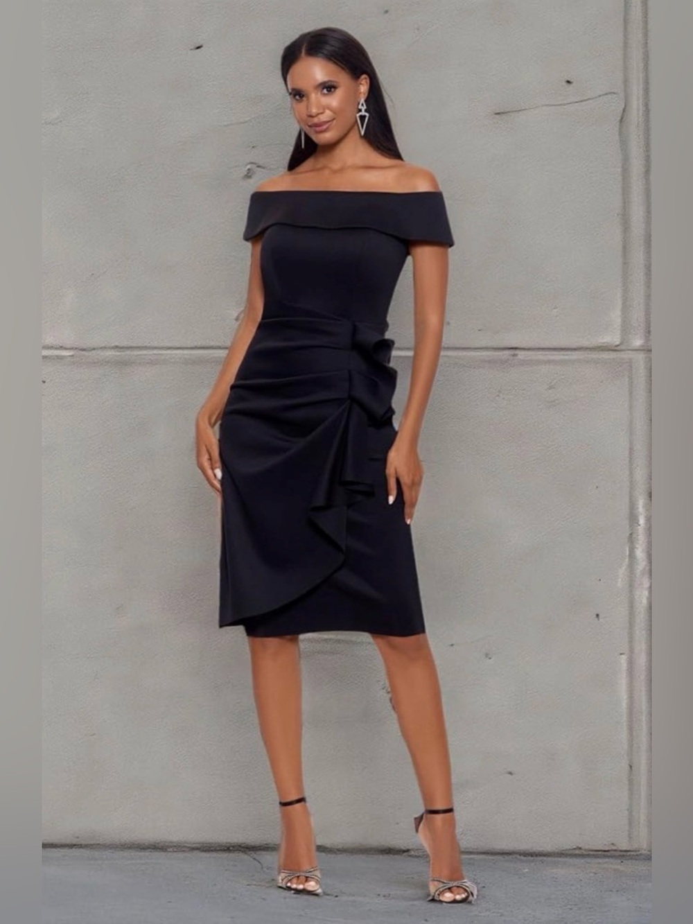 Xscape Black One-Shoulder Cocktail Dress with Draped Side Ruffle
